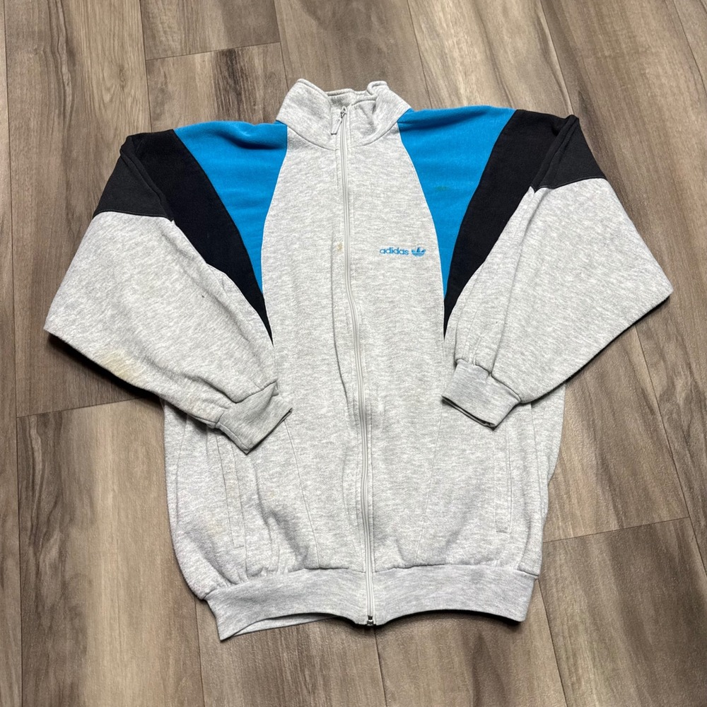 Vintage Adidas Trefoil Colorblock Track Jacket Grey Blue Black Mens Medium 90s